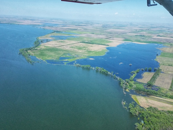 An aerial photo shows land that has been submerged by floodwaters.